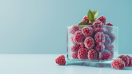 Frozen Raspberries in a Glass Cube on a Blue Background