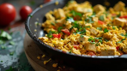 Wall Mural - Scrambled Tofu with Vegetables in a Blue Bowl