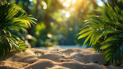 Wall Mural -  Beautiful tropical background with palm leaves and sand, closeup. Summer mock-up for presentation