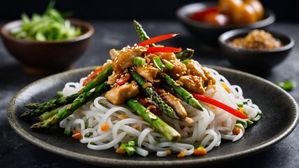 Tasty dish of Asian cuisine with rice noodles, chicken, asparagus, pepper, sesame seeds and soy sauce