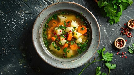 Wall Mural - Seasonal vegetables cooked in broth in a bowl Professional photoshoot