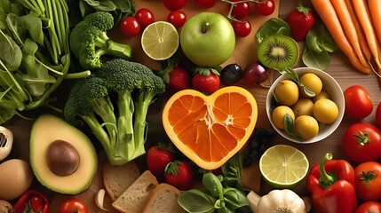 healthy eating a colorful assortment of fruits and vegetables, including red tomatoes, green avocados, broccoli, and orange carrots, are arranged on a wooden table alongside a