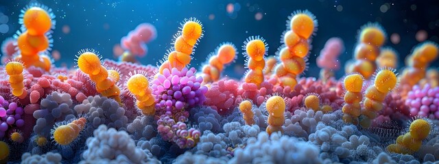 Poster - Vibrant Depiction of Gut and Skin Microbiota Showcasing Dynamic Bacterial Networks and Intricate