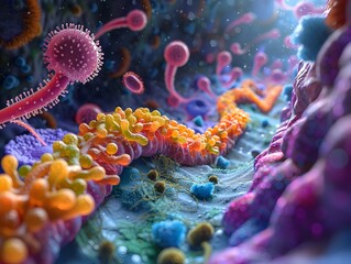 Poster - Detailed Portrayal of the Human Microbiome with Vibrant Cellular Structures and Complex Bacterial
