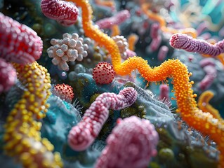 Poster - Captivating Microscopic Portrayal of the Complex Human Microbiome Showcasing Vibrant Cellular