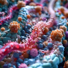 Poster - Intricate Microbiome Visualization Diverse Cellular Ecosystem Showcasing Scientific Microscopic