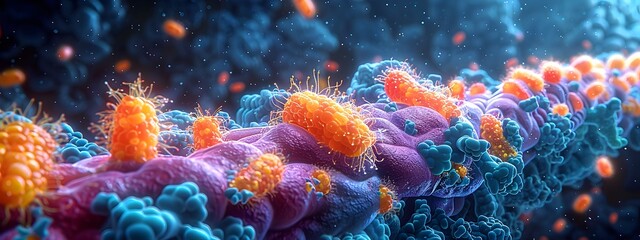 Poster - Detailed Depiction of Gut and Skin Microbiota Ecosystem Thriving Microbial Colonies Vibrant