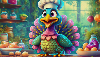 Sticker - OIL PAINTING STYLE cartoon character Caucasian turkey with smile dressed as a chef in the kitchen, bird,