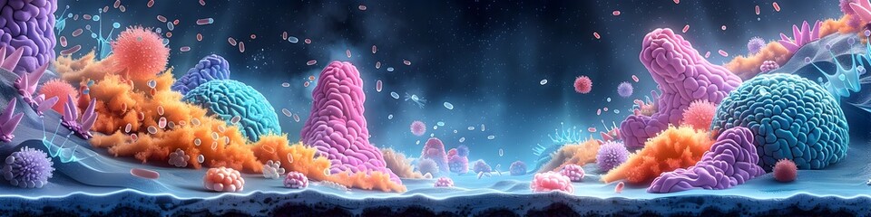 Poster - Detailed Depiction of the Intricate Microbiome   Vibrant Cellular Processes in a Complex Gut