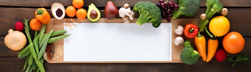 Wall Mural - healthy grocery list on a wooden table featuring orange carrots, green broccoli, and a white board