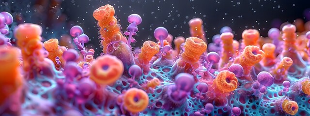 Poster - Vibrant Microscopic Depiction of Diverse Gut Microbiome Colonies Thriving in Healthy Digestive