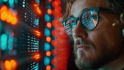 Poster - A man looks intently at a server rack, the lights reflecting in his glasses. He has a serious expression on his face.