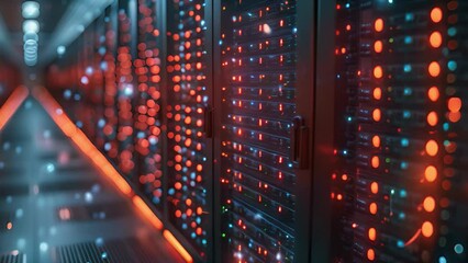 Poster - Rows of servers in a data center, lit by red and blue lights.