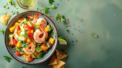 Wall Mural - A close shot of a plate of ceviche with mango avocado tomatoes and a big space for text or product advertisement over clean white backdrop, Generative AI.