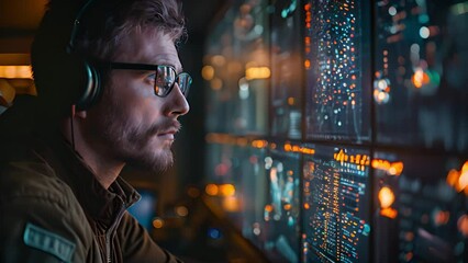 Poster - A man wearing headphones and glasses looks intently at a wall of large computer screens displaying data and graphs.