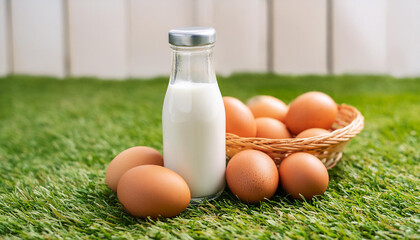 Wall Mural - Brown chicken eggs and glass bottle of fresh milk on green grass in garden. Organic farm product.