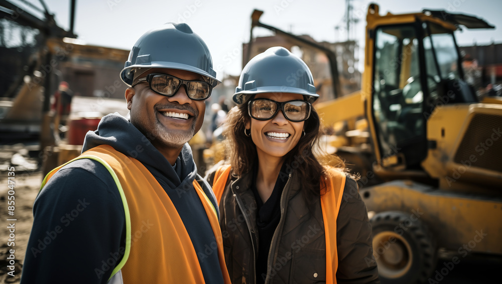 Portrait de deux travailleurs de la construction souriants, une femme ...