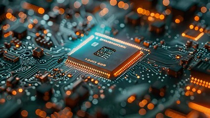 Poster - A close-up shot of a microchip on a circuit board, with the chips circuitry glowing brightly in orange.