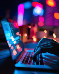 Person typing at laptop computer at night. Male uses keyboard, shakes buttons with fingers. Internet security, cyber attack. Creative vivid color of ultraviolet red and blue.