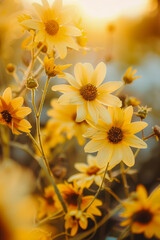 Canvas Print - A bunch of yellow flowers with a bright sun in the background