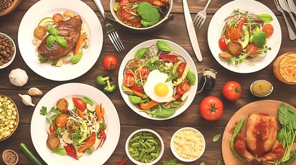 Wall Mural - healthy meal planning with a colorful spread of food and utensils on a wooden table, featuring a variety of plates, bowls, and utensils including a silver fork, white