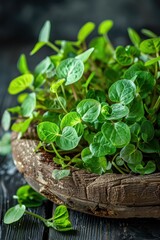 Wall Mural - Close-Up of Fresh Green Microgreens in a Rustic Wooden Bowl