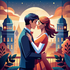 Wall Mural - A couple is kissing in front of a building. The man is wearing a suit and the woman is wearing a dress