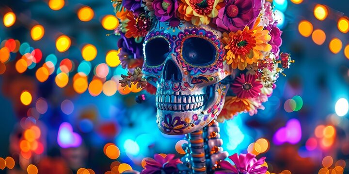 Colorful Sugar Skull with Floral Decorations and Festive Lights