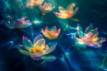 A group of white flowers floating in a body of water