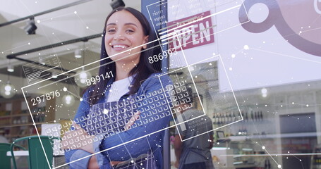 Poster - image of financial data processing over biracial woman in cafe
