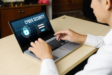 Poster - Cyber security system on computer screen protect private information snugly from hacker and cyber attack