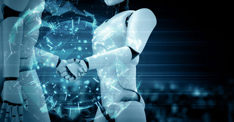 Poster - mlp 3d illustration hominoid robot handshake to collaborate future technology development by ai thin