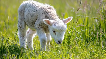 Wall Mural - adorable fluffy white lamb grazing in lush green pasture idyllic farm scene