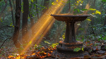 Sticker - A 4K image of a purified holy water container in the jungle, with high detail and backlit godrays filtering through the leaves, HD,  