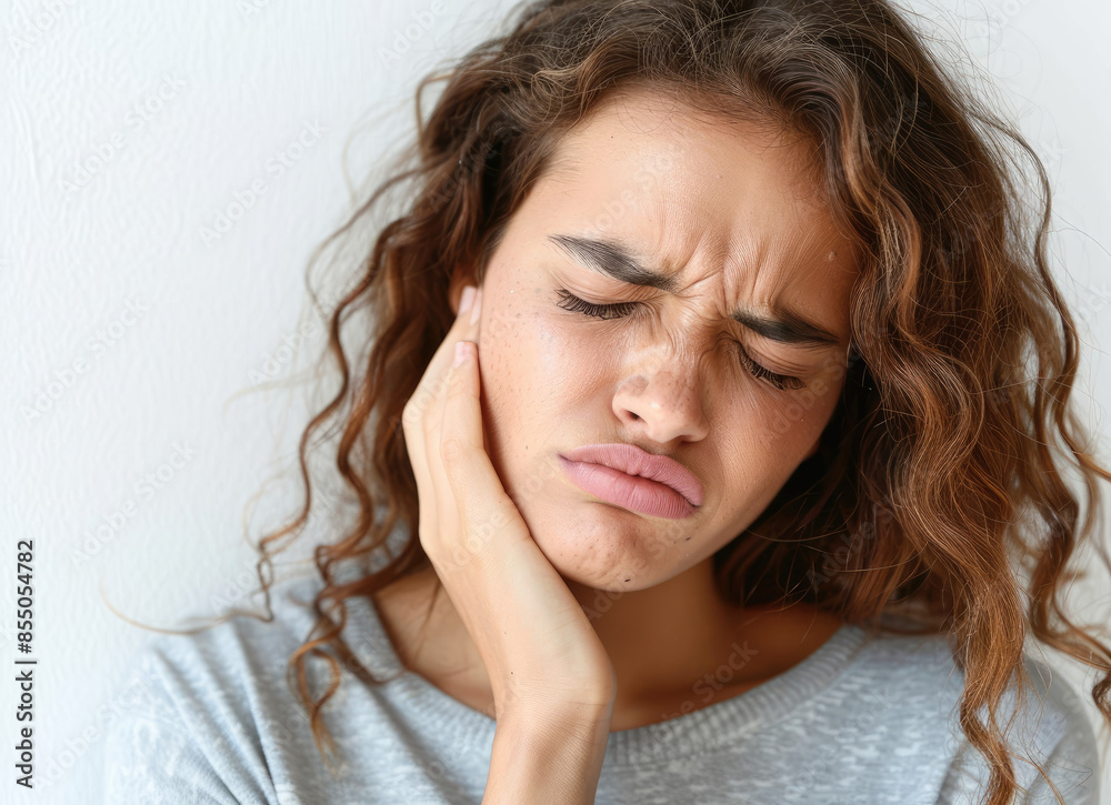 Toothache Affecting Face Young woman suffering from toothache in the living room at home ...