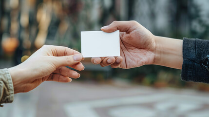 mock up, someone's hand giving a white business card, Ai generated Images