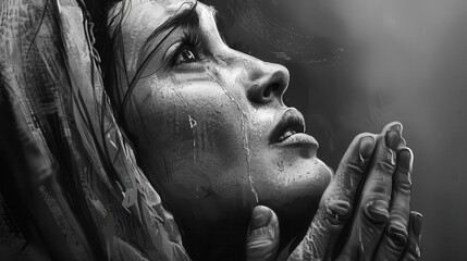 Wall Mural - biblical portrait of a woman deep in prayer looking up with emotion black and white close up digital painting