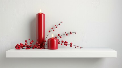 Wall Mural - Festive white shelf with red candle for holiday cards and New Year decor
