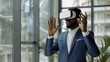 © Bijac - businessman using vr headset to navigate digital interface future of interactive meetings copy space