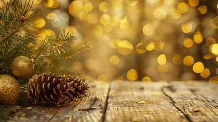 Canvas Print - Golden decoration featuring pine leaves on wood surface with yellow bokeh backdrop Celebration theme