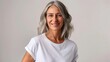 © Bijac - cheerful middleaged woman in blank white tshirt smiling at camera clothing mockup lifestyle photography