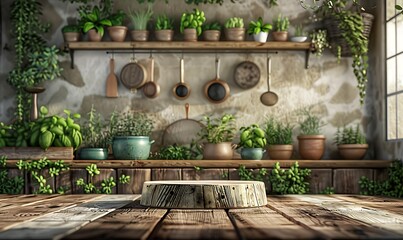 Wall Mural - A 3D-rendered podium made of natural wood, set against a backdrop of a cozy kitchen with hanging pots, fresh herbs, and rustic utensils