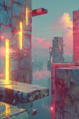 Wall Mural - A cyberpunk city with a pink sky and blue buildings