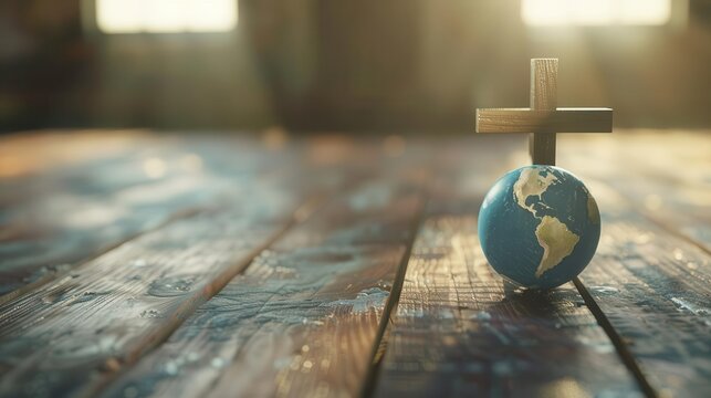 conceptual image of christian cross and earth globe on wooden floor spiritual contemplation scene