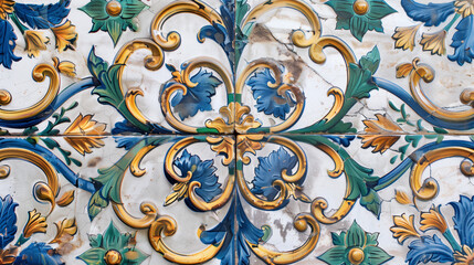 Old Ceramic Tile Blue and Green Vintage Mediterranean Style Floral Ornament. Pattern Wallpaper Backdrop Background Illustration Design. Kitchen Bathroom Tiles  