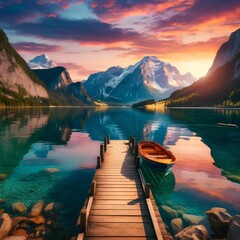 Wall Mural - AI-generated illustration of a wooden dock and boat on a tranquil mountain lake at sunset