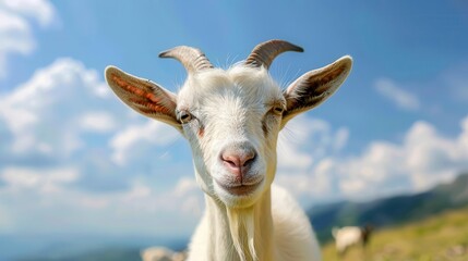curious goat closeup portrait furry farm animal face with horns