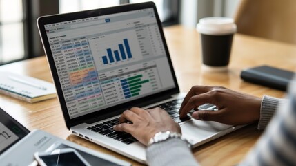 Poster - A person using a laptop to manage personal finances, with a spreadsheet and financial graphs on the screen