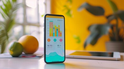 Fototapete - A smartphone screen displaying a budgeting app with colorful graphs depicting spending habits