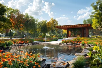 Wall Mural - Autumn Park with Pond and Pavilion